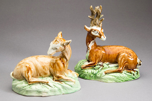 Ralph Wood family creamware doe and stag figures. Jeffrey S. Evans & Associates image.