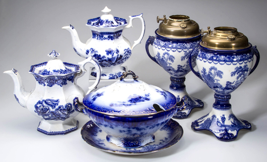 Flow Blue wares from a variety of factories. Jeffrey S. Evans & Associates image.