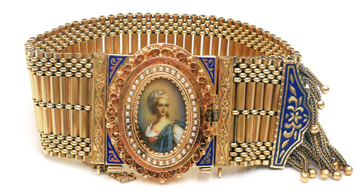 14K gold enameled bracelet watch with hand painted portrait and seed pearls. Stephenson’s image