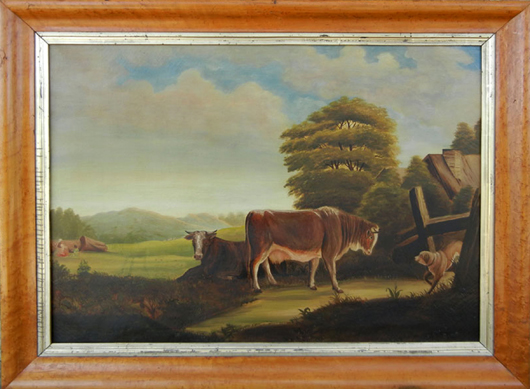 American School oil-on-canvas pastoral painting with bovines, a dog, and human figures in the background.  Stephenson’s image