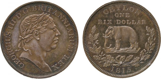 Lot 283: 1815 George III (1760-1820) silver pattern-Rix dollar. Estimate: £3,000 – £4,000. Baldwin’s image.