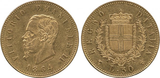 Extremely fine 1864 gold 50-lire, struck in Torino under King Vittorio Emanuele II. Estimate £50,000-£60,000. A.H. Baldwin & Sons Ltd. image.