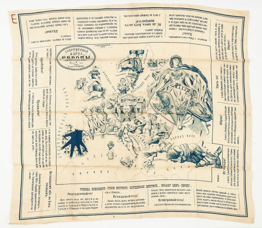 Russian serio-comic map of Europe dating from 1883 by K.I. Kordig, printed on a handkerchief. Price realized: £3,224 ($5,424). Dreweatts & Bloomsbury Auctions image.