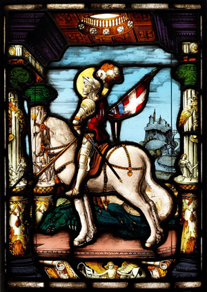A German stained glass panel, F.X Zettler, Munich, 1920s, depicting an armored knight on horseback under a Renaissance arch, inscribed ‘Zettler’ lower right, 51 x 36 cm/20 x 14in, est. £300-£400. Thomas Del Mar image
