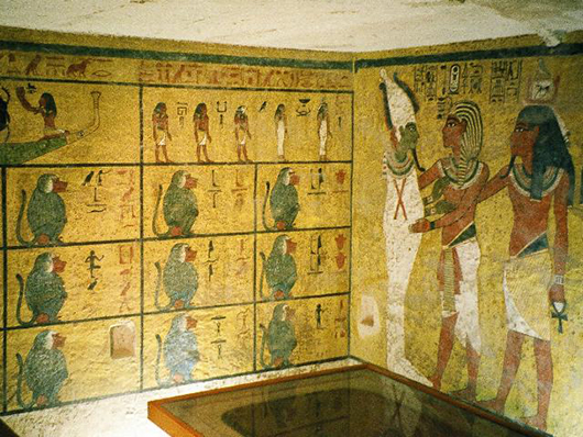 Painted walls in the burial chamber of KV62 (Tutankhamun's Tomb) in Egypt's Valley of the Kings. Photo taken by Hajor, December 2002, licensed under the Creative Commons Attribution-Share Alike 3.0 Unported license.