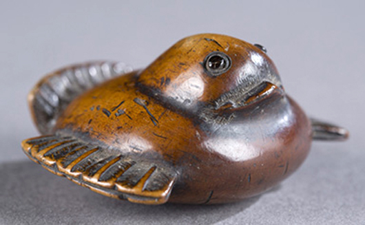 Japanese carved boxwood netsuke of Fukura Suzume (plump sparrow), mid-18th century. Provenance: The Humphrey Collection; Houston, Texas. Est. $1,400-$1,800. Quinn’s Auction Galleries image