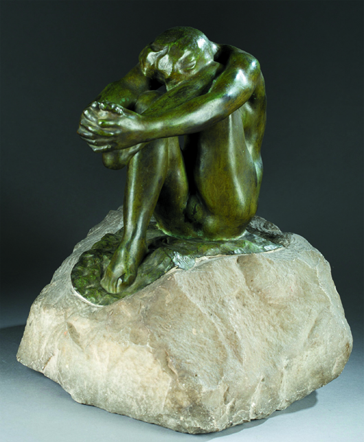 Auguste Rodin (French, 1840-1917), circa-1905 lifetime casting ‘Le Desespoir’ (Despair), green-patinated bronze and carved marble, signed ‘A. Rodin’ on top of base with raised ‘A. Rodin’ on underside of bronze, 13¾in high x 12in wide x 11in long. Authenticated by Comite Rodin, Paris. Sold for $306,800 against an estimate of $60,000-$80,000. Quinn’s Auction Galleries image