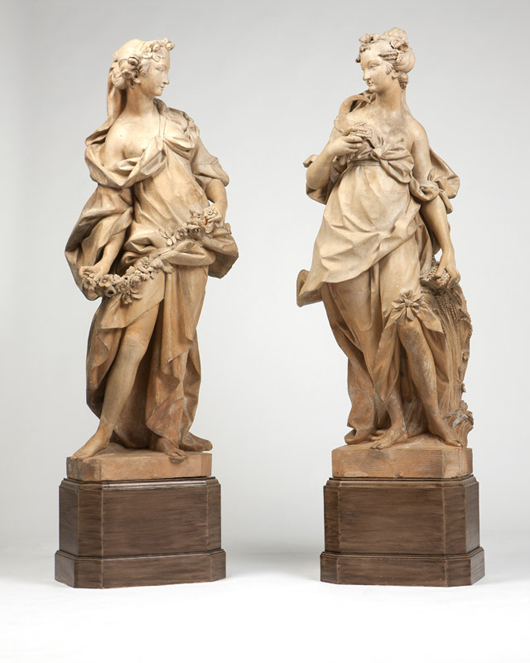 Continental furnishings and works of art performed well throughout Moran’s sale, as in the example of this pair of unsigned terra-cotta sculptures that realized  $45,000 (estimate: $5,000-$7,000). John Moran Auctioneers image.