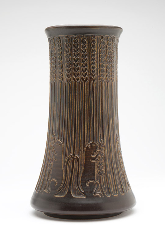 Just one lot prior to the Rhead vase, this vase by Margaret Cable tripled the previous record high price for her work, fetching $43,200. John Moran Auctioneers image.