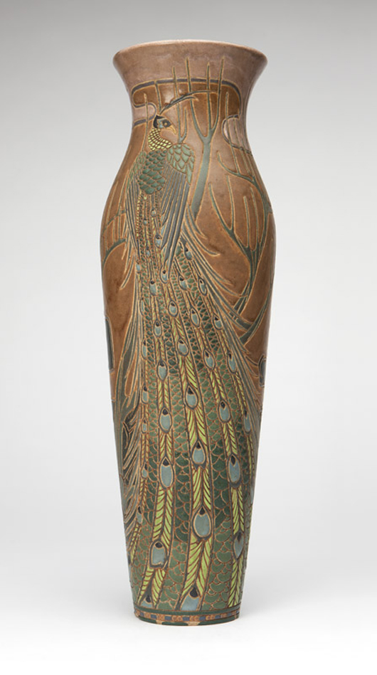John Moran Auctioneers set a new record for an American art pottery vase, selling this masterwork by Frederick H. Rhead and Agnes Rhead for $570,000. John Moran Auctioneers image.