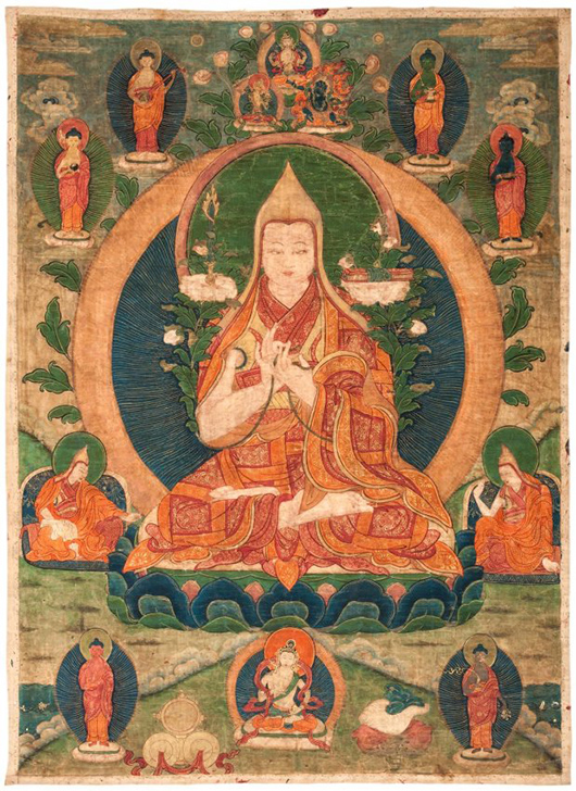 Large 17th century wall hanging from a Buddhist Tibetan temple, 88.8 inches x 146.4 inches. Estimate: £12,000-£18,000 ($20,377-$30,565). Dreweatts & Bloomsbury Auctions image.
