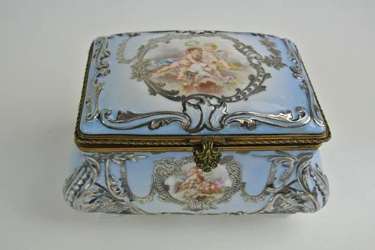 Sevres box with silver overlay, hand painted, 7 1/2 inches by 5 inches. Estimate: $700-$900. Don Presley Auction image.