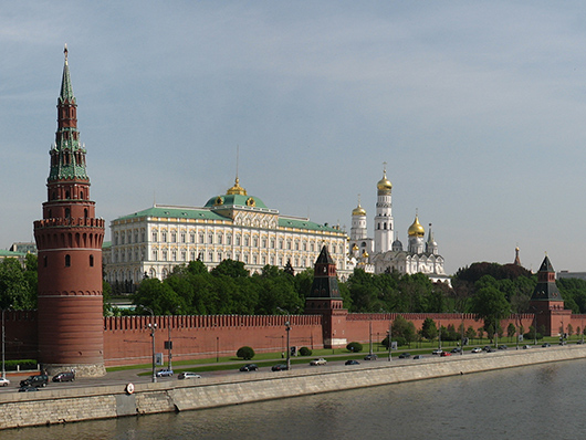 The Kremlin, Moscow. Photo by Lulmin, retouched by Surendil. Licensed under the Creative Commons Attribution-Share Alike 1.0 Generic license.