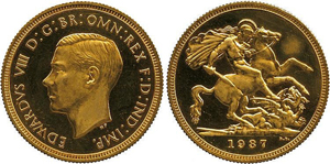 Considered Britain's most valuable coin, this Edward VIII 1937 gold proof sovereign sold for £516,000 ($874,700). A.H. Baldwin & Sons Ltd. image.