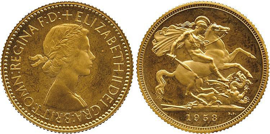 Elizabeth II gold proof sovereign dated 1953 sold for £384,000. A.H. Baldwin & Sons Ltd. image.