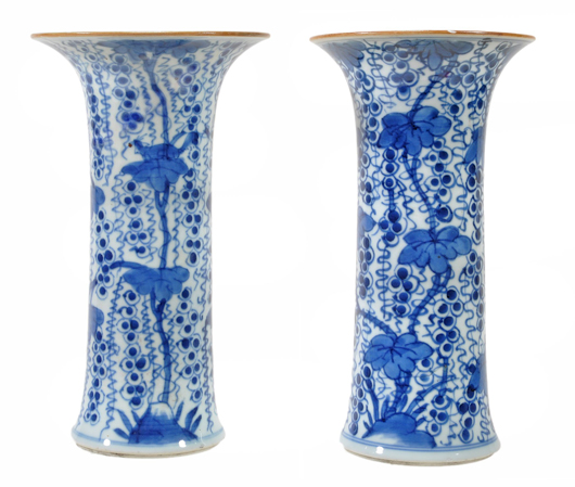 Pair of 19th century blue and white beaker vases. Estimate: £2,500-£3,500. Dreweatts & Bloomsbury Auctions.
