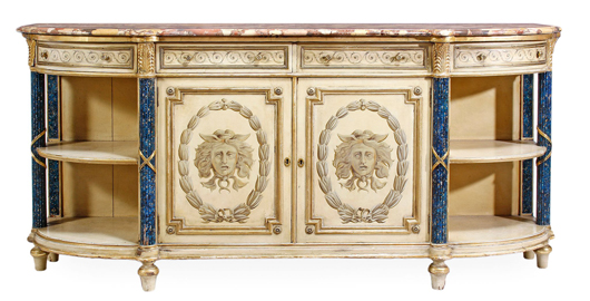 Painted, 20th century parcel gilt and marble mounted side cabinet in early 19th century style. Estimate: £700-£1,000. Dreweatts & Bloomsbury Auctions.