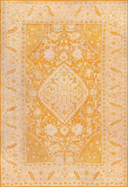 Antique decorative Turkish Oushak carpet, 9 feet x 12 feet, early 20th century. Estimate: $15,000-$20,000. Nazmiyal Collection image.
