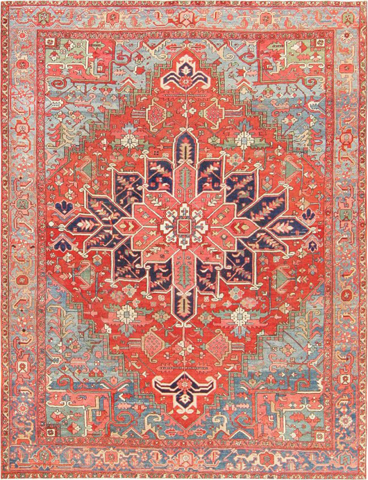 Antique geometric Persian Heriz Serapi carpet, 9 feet 5 inches x 12 feet 3 inches, circa 1910. Estimate: $8,000-$10,000. Nazmiyal Collection image.