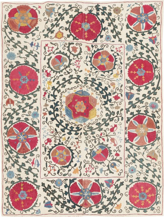 Antique Uzbekistan Suzani embroidery Uzbek textile, 3 feet 8 inches x 5 feet, circa 1880. Estimate: $3,000-$6,000. Nazmiyal Collection image. 