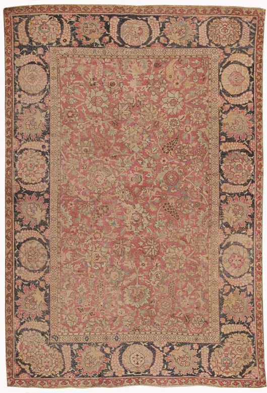 Antique Mughal Dynasty Indian rug, 4 feet 7 inches x 6 feet 6 inches (1.4 m x 1.98 m), 17th century. Estimate: $8,000-$12,000. Nazmiyal Collection image. 