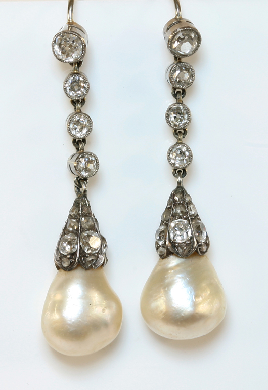 Pair of natural pearl and diamond drop earrings. Estimate: £3,000 to £5,000. Sworders image.