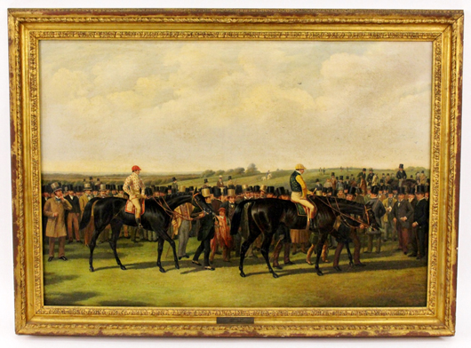 Oil on canvas painting by John Frederick Herring, Sr. (Br., 1795-1865), with a horse race theme   (est. $90,000-$120,000).