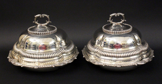 George III period sterling silver covered round vegetable dishes, by Robert Garrad of London,  circa 1811 (est. $6,000-$8,000).