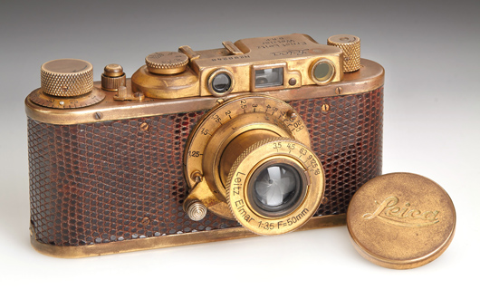 Leica II Model D Luxus, no. 98248, 1933, rare gold-plated Luxus Leica with reptile leather covering. Estimate: 250,000 - 300,000 euros. Westlicht image.