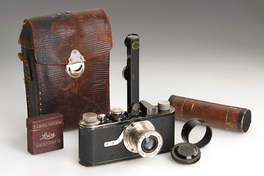 Leica I Model A Anastigmat, no. 239, 1925. The earliest version of the first serial production Leica, in rare original condition, complete with the first case, rangefinder and accessories. Estimate: 70,000 - 80,000 euros. Westlicht image.