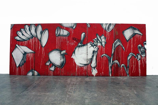 Barry McGee, Untitled (Graffiti Wall), 1991, 6 wood panels with spray paint. Commissioned for the Yerba Buena Museum of Art, San Francisco. Overall image: 96 x 252 inches. Estimate: $60,000-$80,000. Image courtesy Santa Monica Auctions