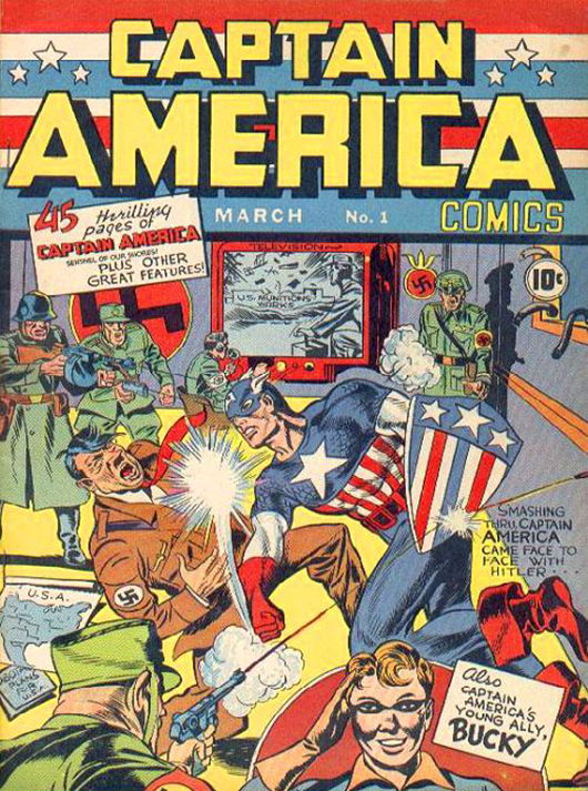 Fair use of low-resolution image of cover of Captain America Comics #1 (Mar, 1941). Published by Timely Comics. Art by Jack Kirby.The copyrighted image is from the comic in which Captain America first appeared, an issue that is therefore of historical significance to the character discussed in the article.