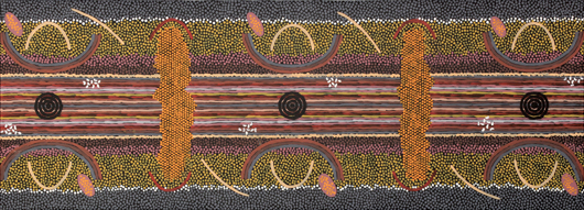This important work by Clifford Possum Tjapaltjarri (Australian, 1932-2002) titled 'Honey Ants Dreaming' will be offered at Clars Auction Gallery on Sunday, May 18. The estimate on this work is $100,000-$200,000. Clars Auction Gallery image.