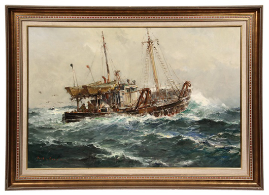 Oil on canvas painting by Jack Lorimer Gray (New York/Canada, 1927-1981) depicting a trawler in heavy seas. Estimate: $15,000-25,000. Thomaston Place Auction Galleries image.