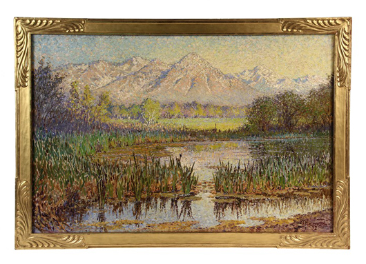 Fine impressionistic work by James Taylor Harwood (Utah/California, 1860-1940) titled ‘Where the Blackbirds Nest,’ depicting the Wasatch Range near Salt Lake City. Estimate: $18,000-23,000. Thomaston Place Auction Galleries image.