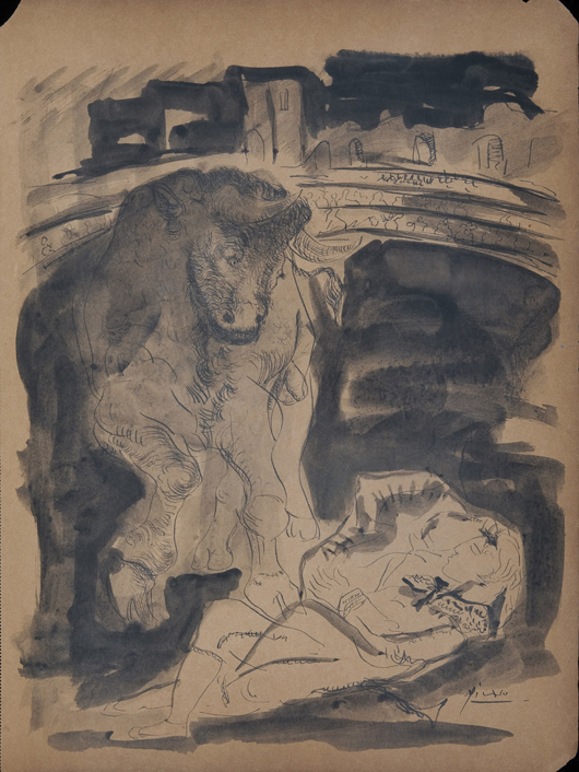 Pablo Picasso (Spanish, 1881-1973), ‘Minotaure s’approche de la Dormeuse,’ original pen and ink and inkwash drawing, 15.1 x 11.5 inches. Est. $250,000-$350,000. Beaux Auctions image