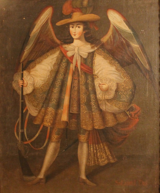 Salamiel Dei (Cuzco school), La Paz, Bolivia; archangel with arquebus, circa 1740, oil on canvas, 48½ x 40 3/8 inches. Est. $16,000-$20,000. Beaux Auctions image