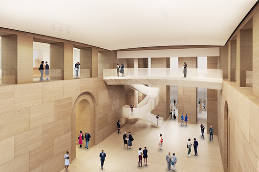 Forum Gallery rendering: The heart of the museum will be opened up, creating a clear sight line through the ground-floor and first-floor galleries that will greatly simplify wayfinding, Rendering © Gehry Partners, LLP