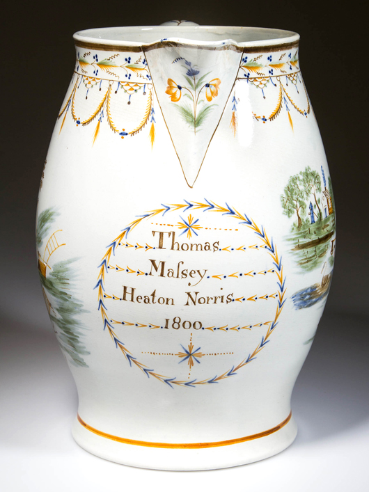The English Staffordshire pottery pearlware large harvester’s dated jug was painted in typical Prattware and inscribed under the spout ‘Thomas Mafsey Heaton Norris 1800.’ The jug sold for $4,887.50, well above the $2,000-$3,000 estimate (Lot 1).
