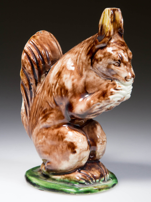 This Staffordshire pottery figure of a squirrel was one of the most sought-after of the animals in the Deike collection. It sold for $3,335 (estimate: $200-$300) (Lot 75).