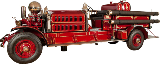 Restored 1928 Ahrens-Fox N-S-4 fire truck, fully equipped, 24 feet long. Estimate: $100,000-$140. Heritage Auctions image.