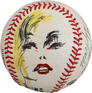 The 1992 Joe DiMaggio signed baseball with a portrait of Marilyn Monroe by LeRoy Neiman. It sold for $95,600. Image courtesy of Heritage Auctions. 