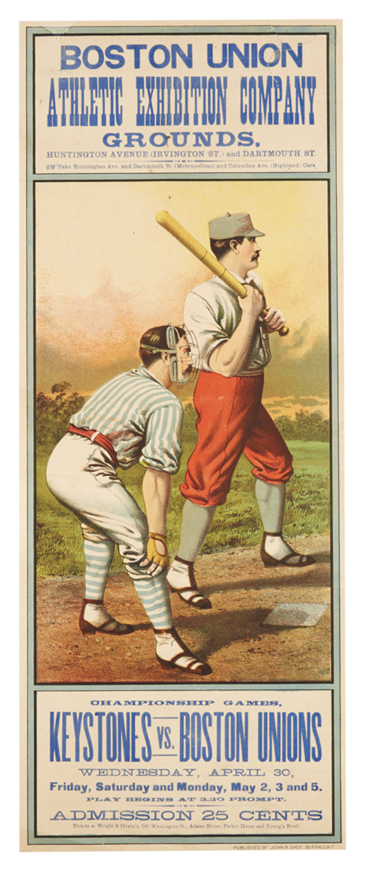 A lithographed poster showing two baseball players competing in an 1884 championship game in Boston sold for $15,000 at an Bonhams auction in New York City last month.