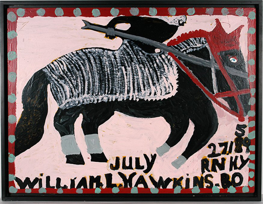 Enamel on Masonite painting by William Hawkins from 1980, titled ‘Rider on Horseback.’  Price realized: $43,200. Slotin Folk Art Auction image.