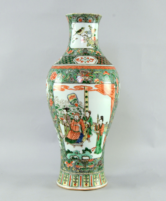 Chinese famille verte baluster vase, with painted with two panels of an official with attendants. Kangxi period. Estimate: £2,000-£3,000. Ewbank's image.