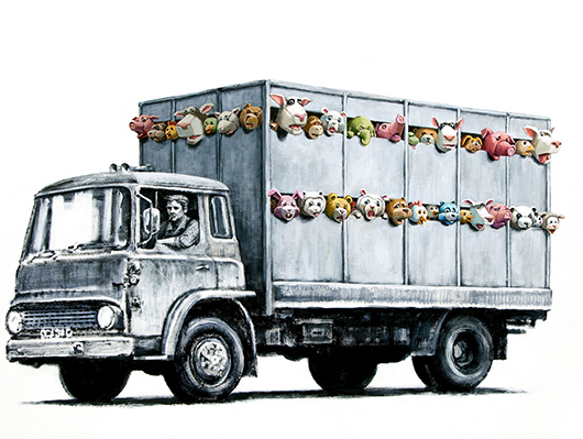 Banksy features a different artwork each day on his website. Today's social commentary is titled 'Meat Truck.' Image courtesy of Banksy.