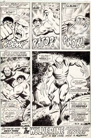 Herb Trimpe and Jack Abel, original art from 'The Incredible Hulk' #180, final page 32: the first-ever appearance of Wolverine. Auctioned by Heritage on May 16, 2014 for $657,250. Image courtesy of Heritage Auctions