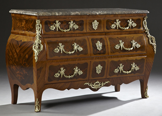 French Bell Epoch Louis XV-style ormolu mounted marquetry inlaid rosewood marble-top bombe chest. Estimate: $2,400-$3,600. Crescent City Auction Gallery image.