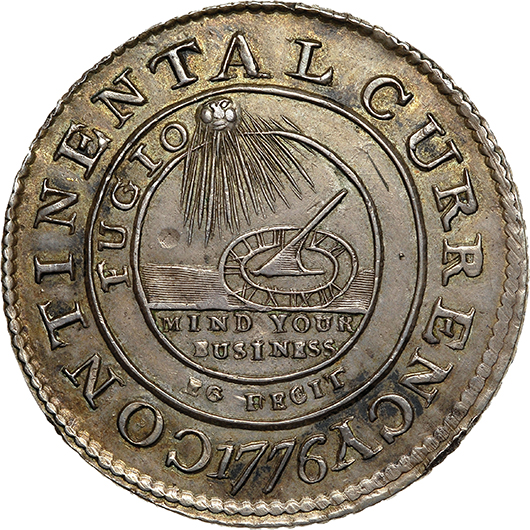 1776 $1 Continental dollar. Prize realized: $1.41 million. Heritage Auctions image.