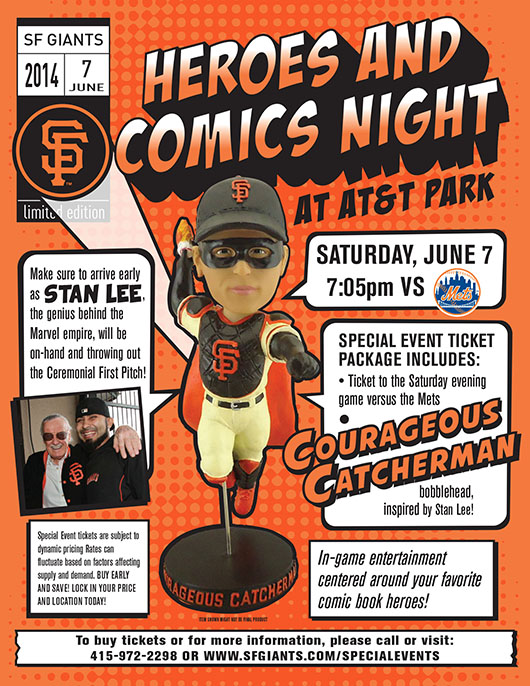 Flyer for June 7 Heroes and Comics Night at AT&T Park, San Francisco